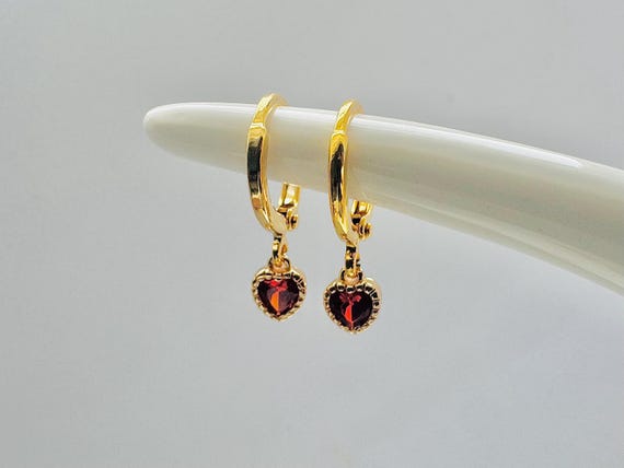 Red Heart 18k Gold Plated Hoop earrings, Red Hoops, Small Huggies, Women's Gift, Gift For Her, July Birthstone,