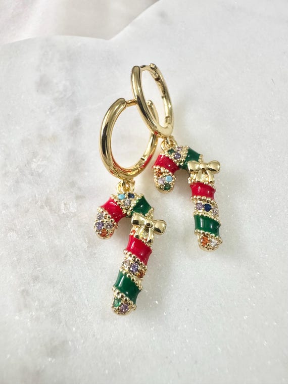 18k Gold Plated Xmas Candy Cane Hoops, Christmas Earrings