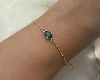 Emerald Green Gold Plated Bracelet With Adjustable Slider Dangly Rhinestone Ends, minimalist Bracelet, Women's Gift, May Birthstone