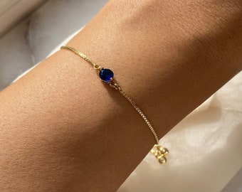 Pulsera azul zafiro chapada en oro de 18k con cierre deslizante ajustable y colgantes de diamantes de imitación, pulsera minimalista, regalo para mujer, piedra de nacimiento de septiembre