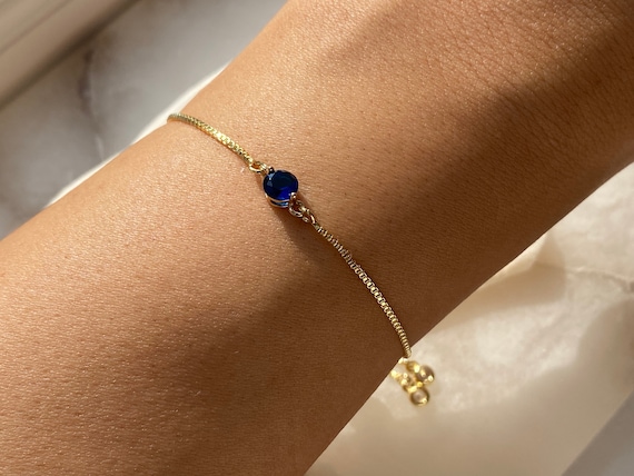 Sapphire Blue 18k Gold Plated Bracelet With Adjustable Slider Dangly Rhinestone Ends, Minimalist Bracelet, Women's Gift,September Birthstone