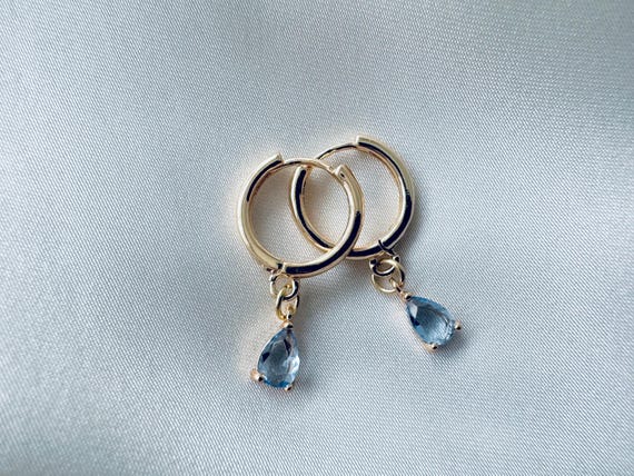 Pale Blue 18k Gold Plated Hoop Earrings, Small Huggies, Dangly Drop Gold Hoops, March Birthstone, Women's Gift