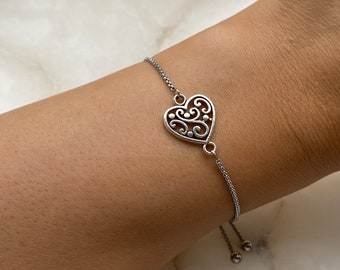 Bracelet coeur avec curseur réglable et extrémités pendantes, bracelet coeur d'amour, bracelet à superposer, cadeau pour femme