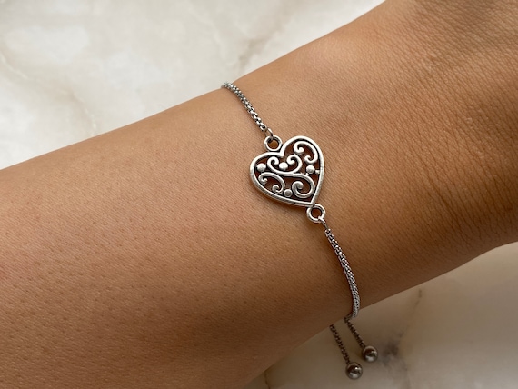 Heart Bracelet With An Adjustable Slider And Dangly Ends, Love Heart Bracelet