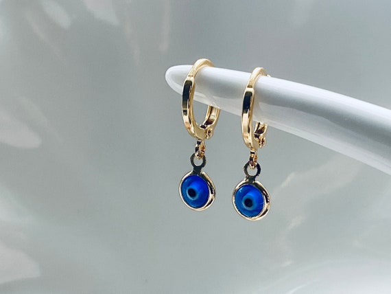 18k Gold Plated Evil Eye Earrings, Small Huggies, Dangly Hoop Earrings, Womens Gift