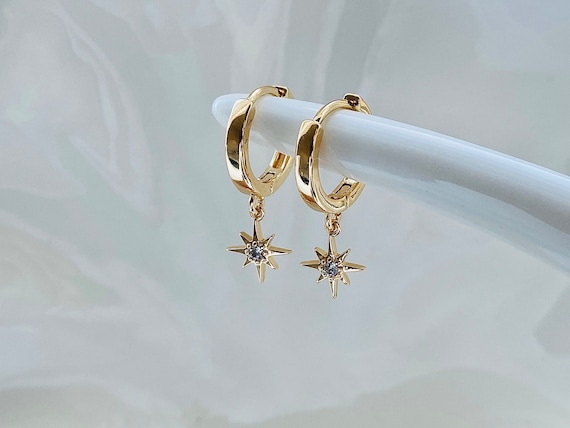 North Star 18k Gold Plated Hoop Earrings, Celestial Gold Star Hoops, Womens Gift, Gift for Her