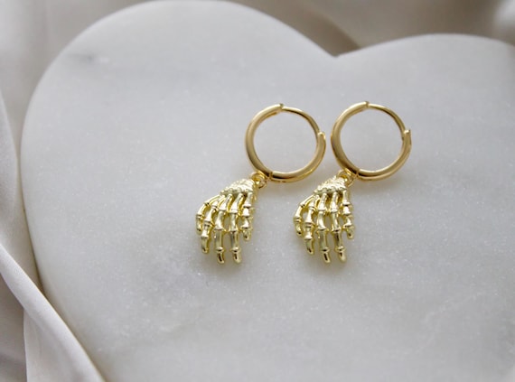 18k Gold Plated Skeleton Hand Hoops, Halloween Earrings