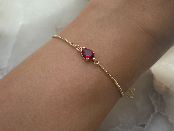 Ruby Red 18k Gold Plated Slider Bracelet With Dangly Rhinestone Ends, July Birthstone, Women’s Gift, Gift For Her