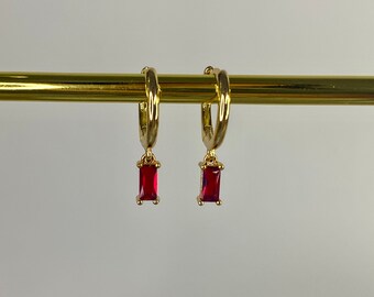 Ruby Red Gold Plated Hoop Earrings, Small Huggies, July Birthstone, Women's gift