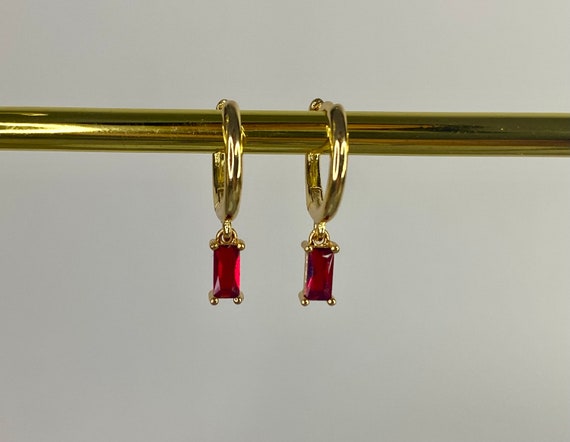Ruby Red 18k Gold Plated Hoop Earrings, Small Huggies, July Birthstone, Women's gift