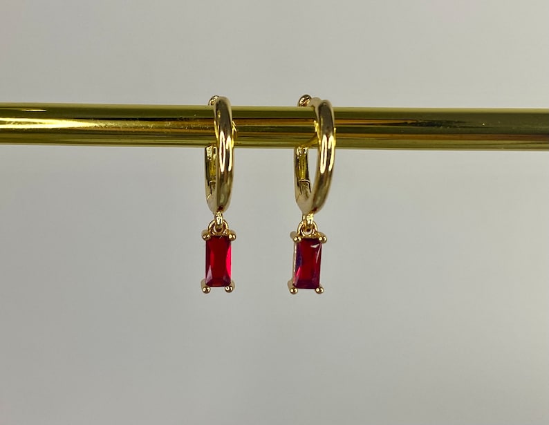 Ruby Red Gold Plated Hoop Earrings, Small Huggies, July Birthstone, Women's gift image 1