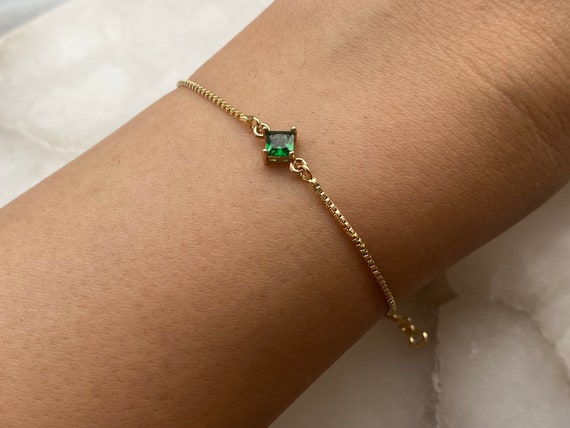 Emerald Green 18k Gold Plated Bracelet With An Adjustable Slider And Dangly Rhinestone Ends, Dainty Elegant, Women’s Gift, May Birthstone