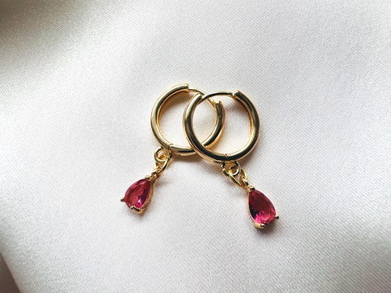 Fuchsia Pink 18k Gold Plated Hoop Earrings, Small Huggies, Dangly Drop Gold Hoops, October Birthstone, Women's Gift