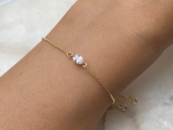 18k Gold Plated White stone Bracelet With Adjustable Slider And Dangly Rhinestone Ends, Minimalist Bracelet, Women’s Gift