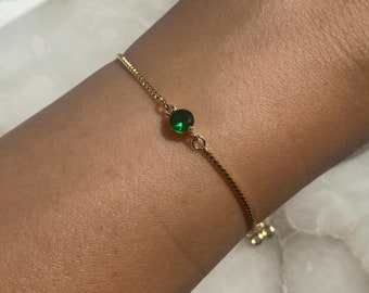 18k Gold Plated Emerald Green Bracelet With Dangly Rhinestone Ends, Women's Gift, May Birthstone