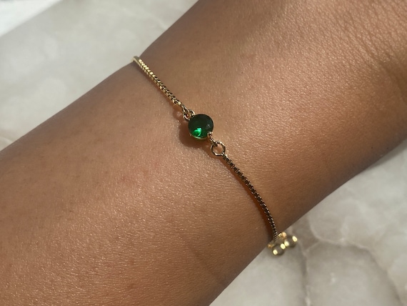 18k Gold Plated Emerald Green Bracelet With Dangly Rhinestone Ends, Women's Gift, May Birthstone