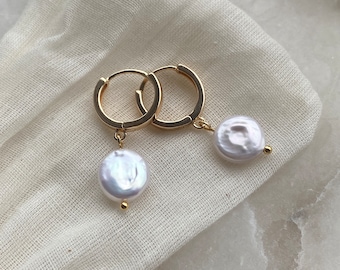 Freshwater Coin Pearl Earrings, Baroque 18k Gold Plated Dangly Hoop Earrings, Pearl Hoop Earrings, Bridal, Gift For Her