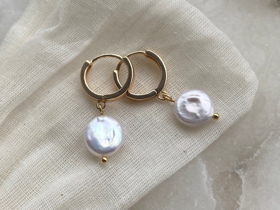 Freshwater Coin Pearl Earrings, Baroque 18k Gold Plated Dangly Hoop Earrings, Pearl Hoop Earrings, Bridal, Gift For Her