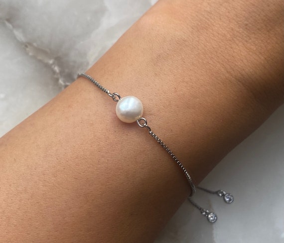 Freshwater Natural Pearl Bracelet, Adjustable Slider With Dangly Rhinestone Ends, Wedding Gift, Bridesmaid Gift, Minimalist, Women's Gift