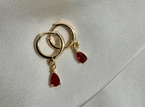 Ruby Red 18k Gold Plated Hoop Earrings, Small Dangly Hoops, Gold Huggies, Women's Gift, Gift For Her, July Birthstone