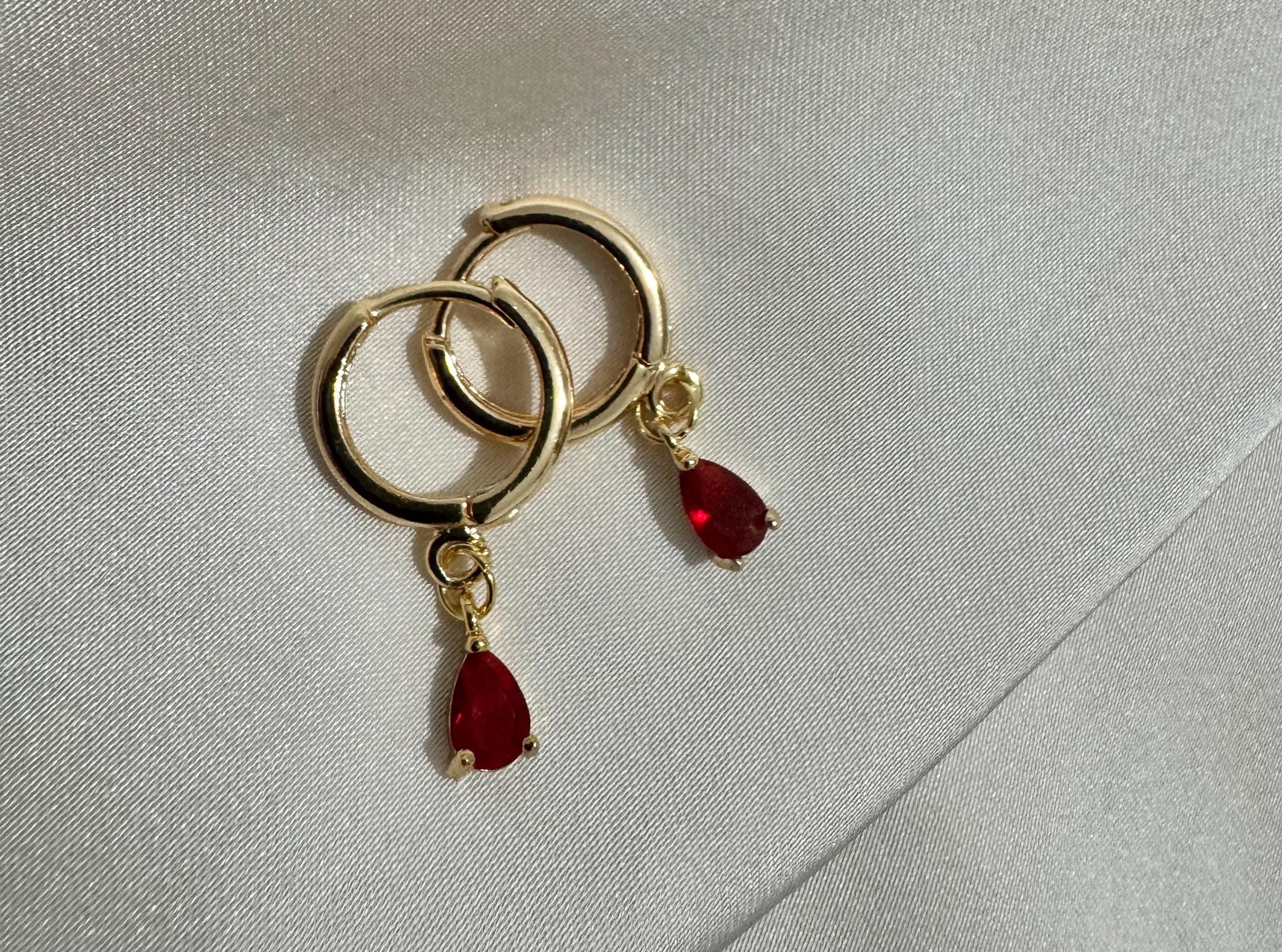 Ruby Red 18k Gold Plated Hoop Earrings, Small Dangly Hoops, Gold Huggies, Women's Gift, Gift For Her, July Birthstone