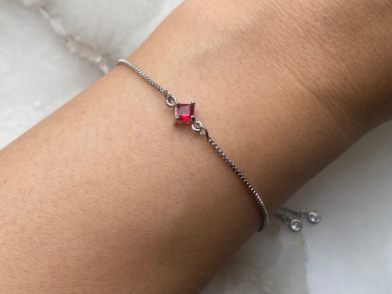 Ruby Red Bracelet, Adjustable Slider Bracelet With Dangly Rhinestone Ends, Minimalist, Women's Gift, July Birthstone