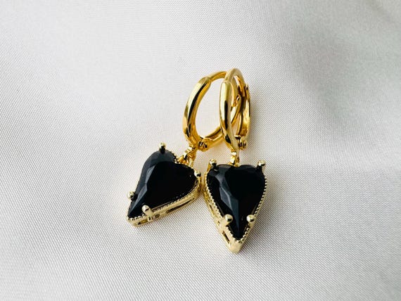 Black Onyx 18k Gold Plated Heart Hoop Earrings, July Birthstone, Gift For Her, Women's Gift