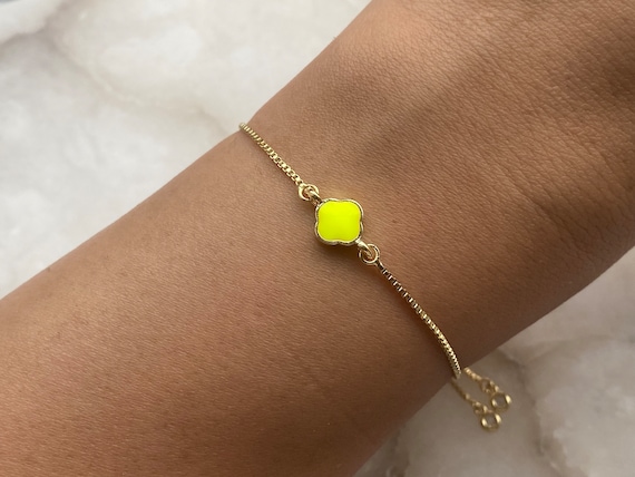 Neon Yellow Dainty Clover Bracelet 18k Gold Plated With An Adjustable Slider And Dangly Rhinestone Ends, Women's Gift