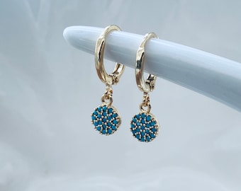18k Gold Plated Turquoise Hoop earrings, Turquoise Stone Pave, Gold Plated Hoops, Dangly Small Huggies, Women's Gift,