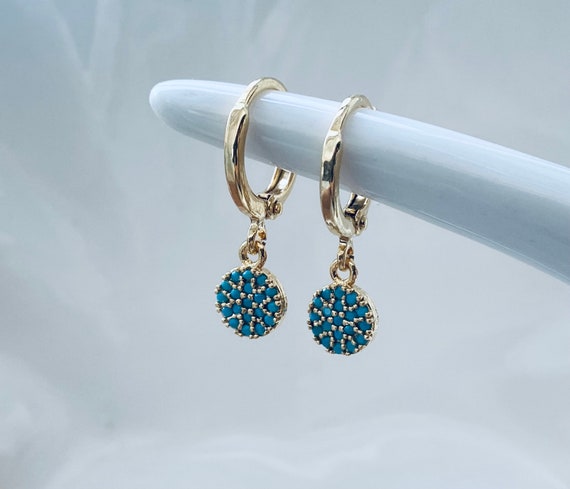 18k Gold Plated Turquoise Hoop earrings, Turquoise Stone Pave, Gold Plated Hoops, Dangly Small Huggies, Women's Gift,