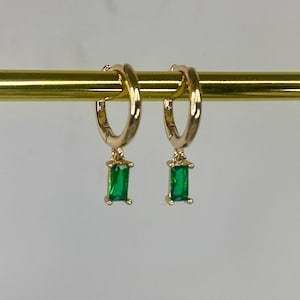 Emerald green 18k Gold Plated Hoop earrings, Small Gold Dangly Drop Huggies, May Birthstone, Women's Gift, Gift For Her