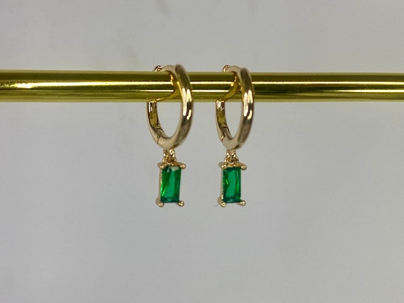 Emerald green 18k Gold Plated Hoop earrings, Small Gold Dangly Drop Huggies, May Birthstone, Women's Gift, Gift For Her