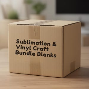 May include: A brown cardboard box with the text "Sublimation & Vinyl Craft Bundle Blanks" printed in black. The box is sealed with tape and sits on a wooden surface.