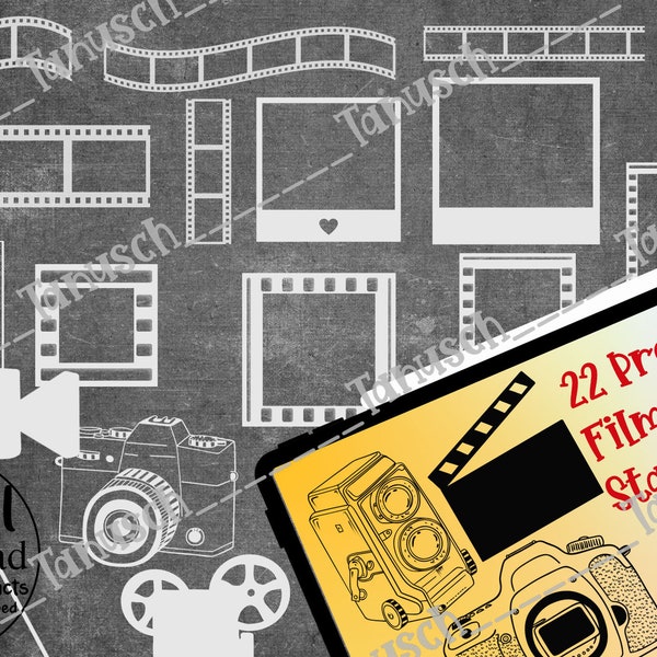 22 Film Frames Procreate Brush Stamps Set Vintage Negative, Camera and Polaroid Digital Download Commercial Use Included
