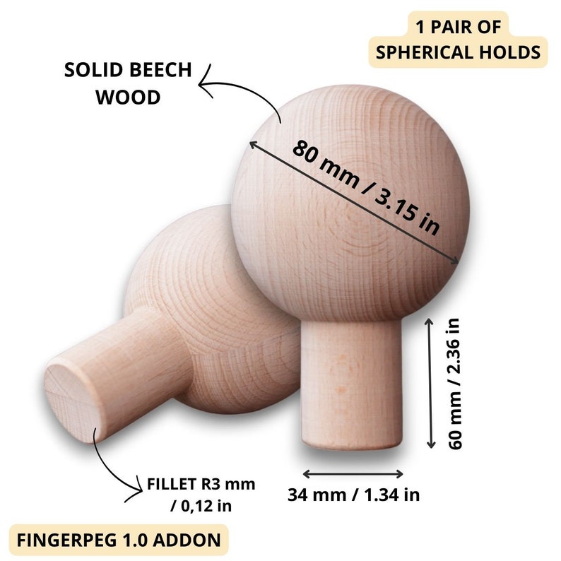 Spherical Holds, Spherical Climbing Grips for FingerPeg 1.0 or Pegboard, Wooden Sphere Bars Φ80 mm, FingerPeg 1.0 Extension Handles image 3