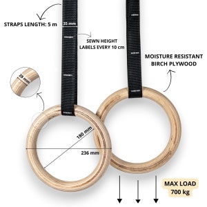 May include: A pair of wooden gymnastic rings with black straps. The rings are 24 cm in diameter and the straps are 5 m long. The rings are made of moisture resistant birch plywood and have a maximum load of 700 kg.