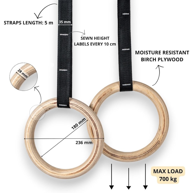 May include: A pair of wooden gymnastic rings with black straps. The rings are 24 cm in diameter and the straps are 5 m long. The rings are made of moisture resistant birch plywood and have a maximum load of 700 kg.