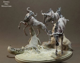 Crocodile hunting Wildebeest Animal Miniatures - Design by Animal Den Miniatures