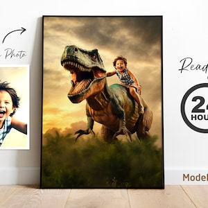 Custom Dinosaur Portrait from Photo | Personalized T-Rex Artwork for Kids | Fun Jurassic Birthday Gift (Digital File)