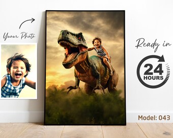 Custom Dinosaur Portrait from Photo | Personalized T-Rex Artwork for Kids | Fun Jurassic Birthday Gift (Digital File)