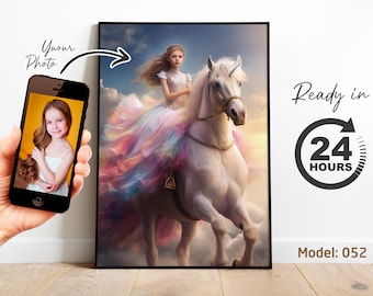 Personalized Princess Unicorn Portrait | Custom Child Artwork from Photo | Magical Birthday Gift for Kids (Digital File)