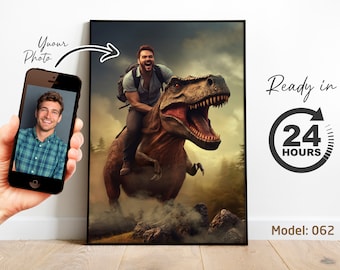 Custom T-Rex Rider Portrait | Your Photo on Dinosaur | Epic Jurassic Adventure Gift, Your Face on T-Rex Portrait Digital File