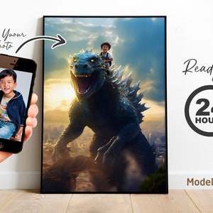 Ride on Godzilla, Godzilla Art, Custom Portrait from Photo,Godzilla gift, Gifts for Kids, adult gift, godzilla riding, boy rides godzilla