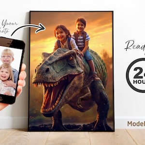 Personalized T-Rex Dinosaur Ride Art with Two Kids – Custom Jurassic Portrait from Photo – Unique Dinosaur Gift for Kids & Adults