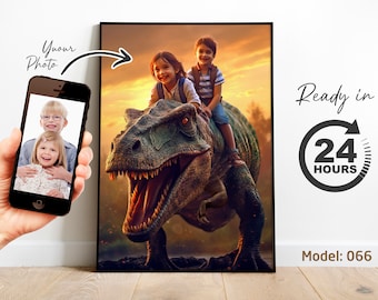 Personalized T-Rex Dinosaur Portrait | Custom Kids Jurassic Artwork from Photo | Fun Birthday Gift (Digital File)