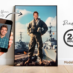 Custom Navy Sailor Portrait with Battleship | Personalized Military Ship Digital Art Print | Nautical Decor Gift for Veterans & Families
