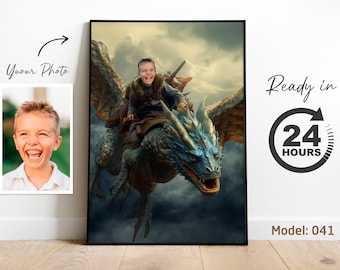 Retrato de dragón personalizado / Ilustración personalizada a partir de una foto / Regalo divertido de fantasía o aventura para cumpleaños para niños (archivo digital)