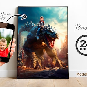 Kid Rides Godzilla, Godzilla Art, Custom Portrait from Photo, Godzilla gift, Gift for Kids, gift for adult, Riding Godzilla, Riding Godzilla