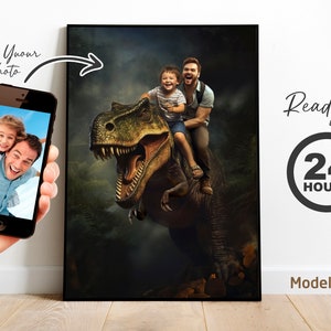 Custom Father and Child Dinosaur Portrait, Personalized T-Rex Jurassic Art from Photo, Unique Birthday Gift for Dad and Kids, Family Artwork