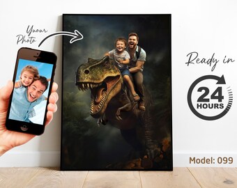 Personalized Father & Child Dinosaur Portrait | Custom T-Rex Artwork from Photo | Fun Jurassic Birthday or Adventure Gift (Digital File)